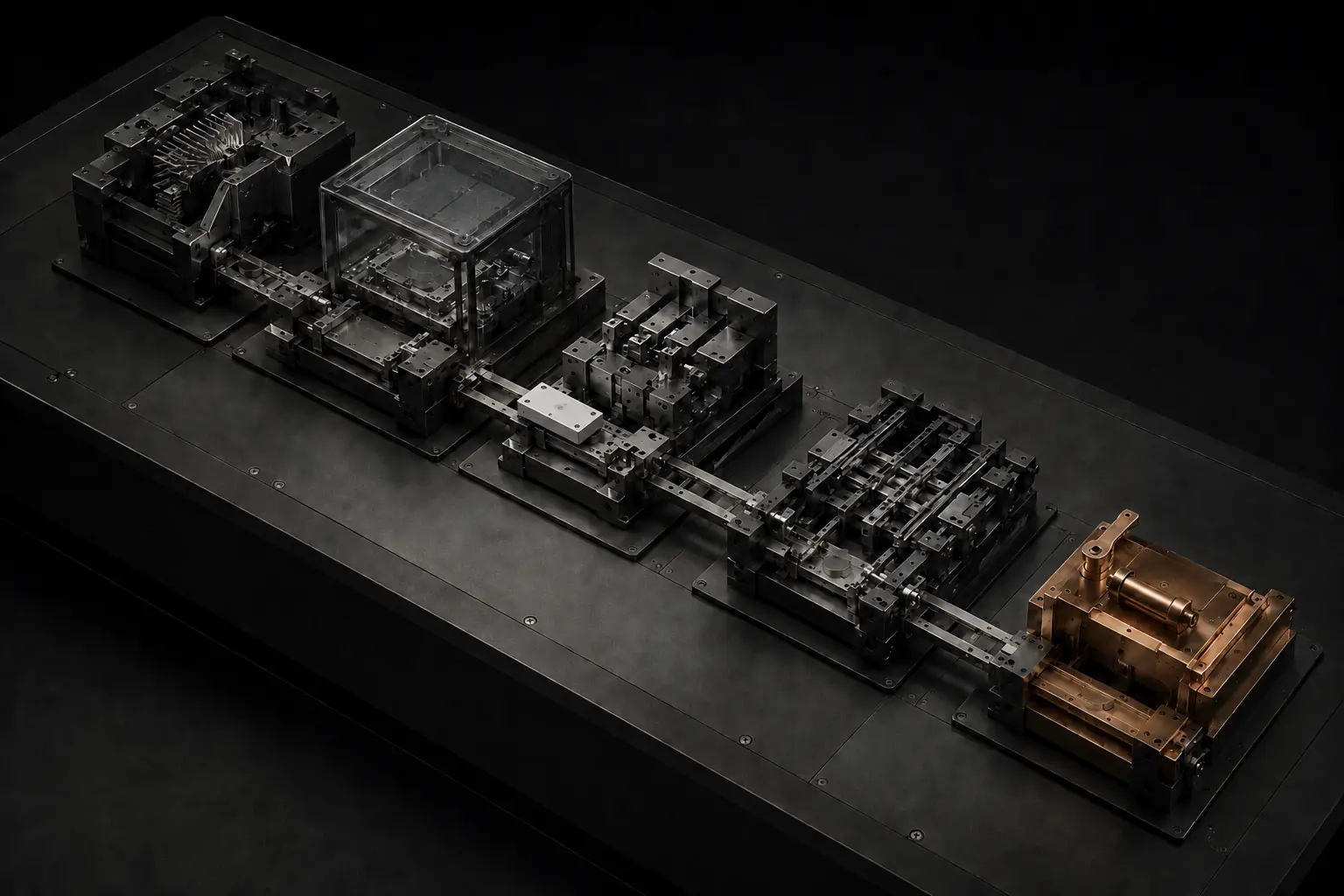 Five specialized precision modules coordinating through governed hand-offs.