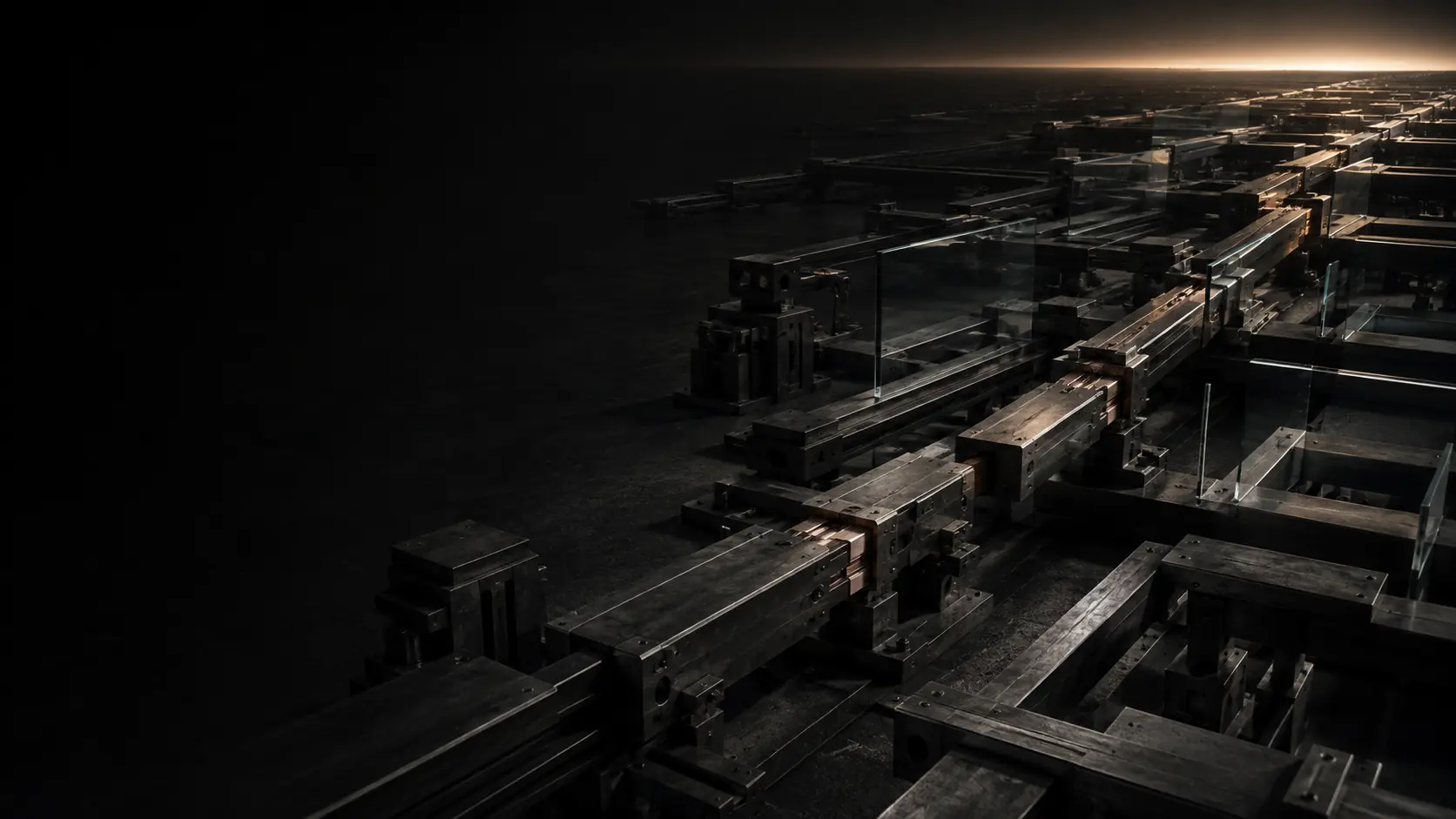 A field of possible structural routes in which one rare alignment becomes load-bearing.